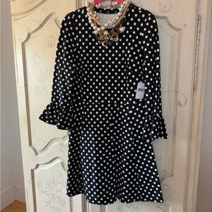 Black and White A-Line Mini Dress with 3/4 Bell Sleeves and Peter Pan Collar